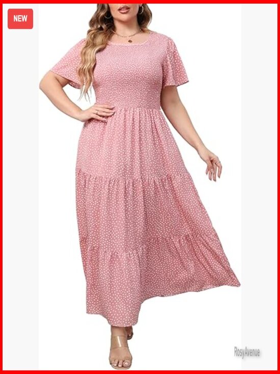 Dresses & Skirts - Plus Size Maxi Dress with Pockets Floral Smocked Tiered Layers Flutter Sleeves